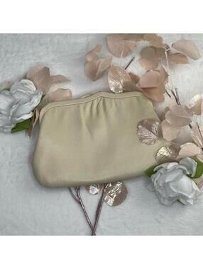 Vintage IVORY White Leather Handbag Clutch By Ande' 50's Gold Chain Snap Closure